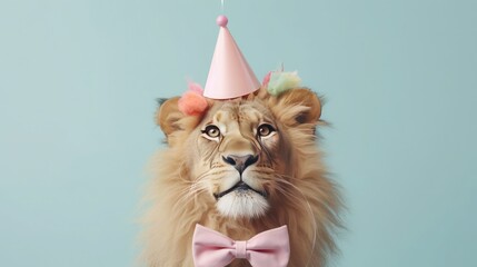 imaginative animal idea. Lion dressed for a party wearing a cone hat, a necklace, and a bow tie, isolated on a copy text area with a solid pastel background. birthday invitation wording