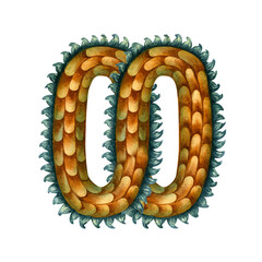 Watercolor infinity sign and number 8 in the texture of green wooden dragon scales, hand drawn. Lunar New Year symbol illustration element isolated on white background