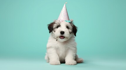 imaginative animal idea. Old English Sheepdog puppy dressed for a party in a cone hat, necklace, and bow tie, isolated on a plain pastel background with copy text space. birthday invitation wording