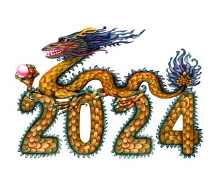 Fototapeta premium Watercolor green wooden dragon with magic pearl and numbers 2024 hand drawn with dragon scale texture. Lunar New Year symbol illustration elements isolated on white background