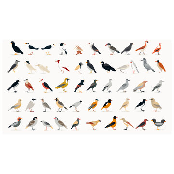 Collections of various type birds vehicles flat isolated
