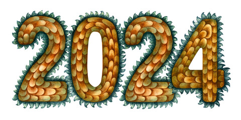 Watercolor sign 2024 in numbers and in the texture of green wooden dragon scales drawn by hand. Lunar New Year symbol illustration element isolated on white background