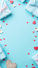 Flat lay, top view of Gift box and heart confetti on pastel blue background with copy space Valentine Day