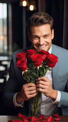Handsome elegant man holding red roses and smiling in restuarant, valentine concept