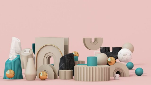 3d render animated background of geometric shapes that slowly move and rotate in a continuous loop. pastel colorful on pink background for product stand of present content.