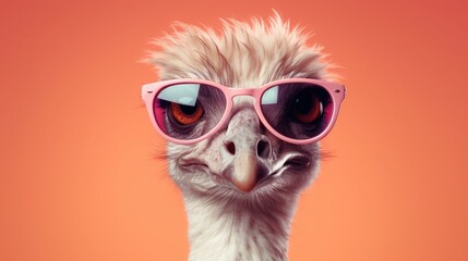 imaginative animal idea. Ostrich bird wearing sunglasses, isolated on a solid pastel background, editorial or commercial advertisement