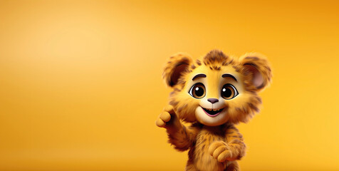 cute cartoon character happy baby lion points paw at copy space on an orange isolated background