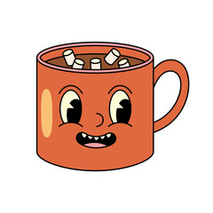 Smiling cup with hot chocolate pop art vector icon. Sign for xmas celebration. Clipart for happy new year and merry christmas greeting. Sweets and dessert for winter festive or holiday. Face emoji
