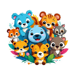 Naklejka premium Whimsical Wildlife Wonders, Playful kids animal tshirt design, vector graphic, colorful, adorable, cute, vector illustration, transparent background