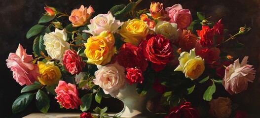 Obraz na płótnie Canvas Classic still life with vibrant roses in vase. Fine art floral composition.