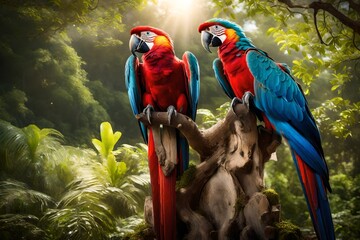 Amidst the serenity of a secluded Caribbean cove, two exotic macaws stand tall on an ancient tree stump, their plumage 