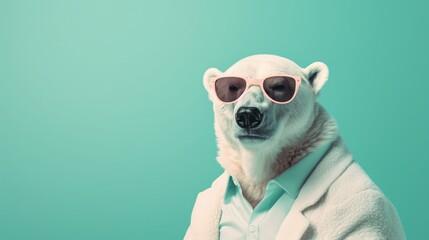 imaginative animal idea. Polar bear wearing sunglasses, isolated on a solid pastel background for a commercial or editorial advertisement