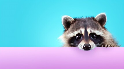 imaginative animal idea. Raccoon peeping over a vibrant, pastel background. ads, banners, and cards. text space to copy. birthday invitation wording