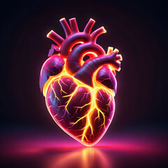 Human heart shape neon glowing light low poly style.
