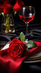 Romantic dinner with black elegance table setting and red rose on Valentine day or birthday concept