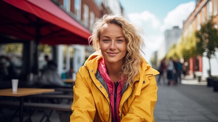 Photo of beautiful blonde happy woman in bright yellow jacket looking at camera while sitting on sunny street cafe