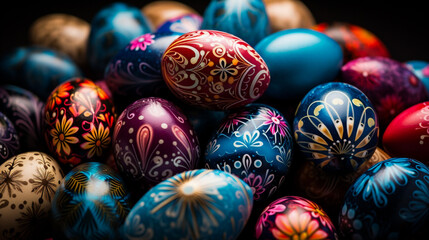 Colorful easter eggs on rustic wooden background