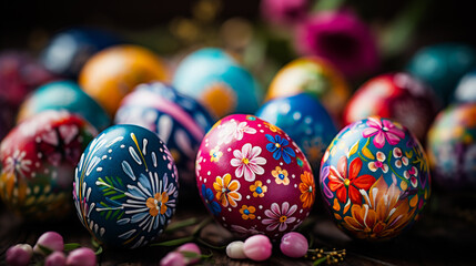 Fototapeta na wymiar Colorful easter eggs on rustic wooden background