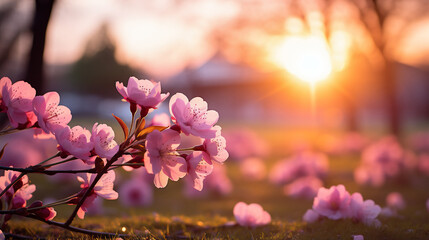 Cherry blossoms in the garden at sunset. Beautiful spring background