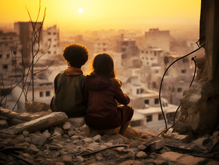 Palestinian arab young boy and his baby sister, sitting amidst the ruins in the golden hue of sunset.