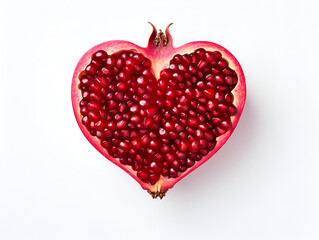 Pomegranate cut open into the shape of a heart symbol, displayed on a stark white background viewed from above. Copy space.
