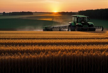 Fototapeta premium Agricultural work in the fields, wheat field, tractor collects wheat. Generative AI.