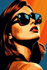Portrait of a beautiful fashionable woman with a hairstyle and sunglasses, on a orange color background. Illustration, poster in style of the 1960s