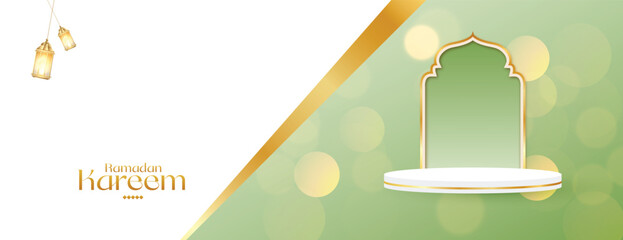 Ramadan Kareem product sale offer banner Ramzan Islamic mandala background design with lamp, lantern, dark color social media web banner, poster vector illustration