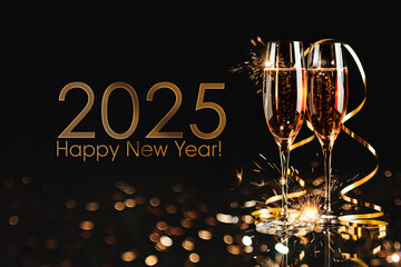 Happy New Year 2025! A golden bucket with champagne, two glasses and a golden streamer on a dark...