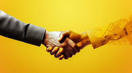 Vibrant handshake between technology and humanity against a yellow background. Digital...