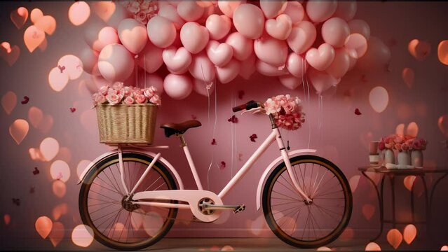 Near the wall there is a retro bike, candles, petals and balloons as a Valentine's Day gift with flickering
