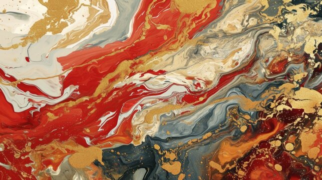 Abstract pattern with red suminagashi for cover design. Elegant marble gold texture.