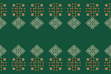 Ethnic geometric fabric pattern Cross Stitch.Ikat embroidery Ethnic oriental Pixel pattern green background. Abstract,vector,illustration. Texture,clothing,frame,decoration,motifs,silk wallpaper.