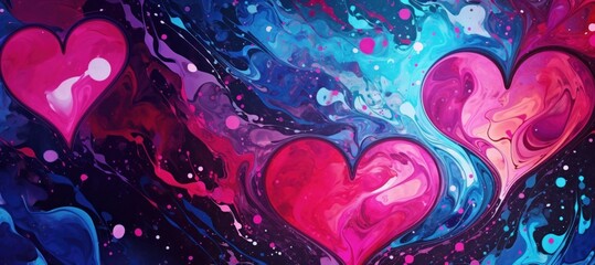 Bright colorful background with hearts, made in the style of liquid ink. Festive banner for Valentine's Day, Birthday, Wedding - obrazy, fototapety, plakaty