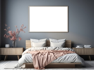 Stylish bedroom with soft grey tones and pink bedspread. Modern decor and minimalism concept. Generative AI