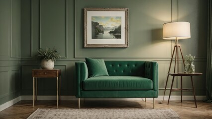 interior design living room with red chair and picture mockup on a wall and a green chair