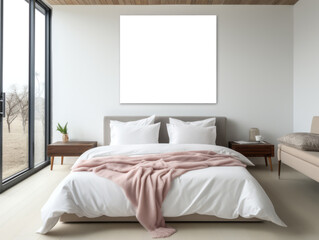 Minimalist bedroom with a stark white poster and winter scenery. Generative AI