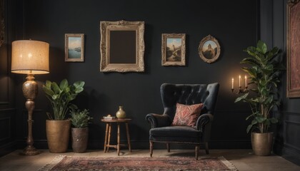 interior design living room with red chair and picture mockup on a wall and a black chair