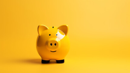 Yellow piggy bank on a matching yellow background. Savings and financial concept. Generative AI - obrazy, fototapety, plakaty