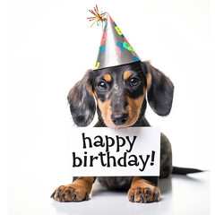 Adorable black and tan dachshund puppy dressed up for a birthday party, holding a happy birthday sign