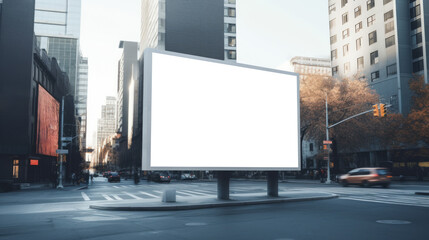Empty billboard on a city street corner at sunset. Urban advertising and communication. Generative AI - obrazy, fototapety, plakaty