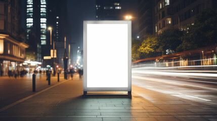 Illuminated blank billboard on urban night street, advertising concept. Generative AI