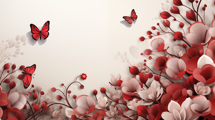 A background of red and white butterflies and flowers 