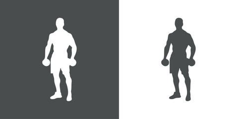 Logo gym fitness. Silueta de hombre musculoso culturista de pie con pesas - obrazy, fototapety, plakaty