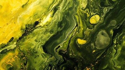 Suminagashi in abstract style on green background. Pastel marbled alcohol ink drawing effect.