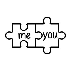Logo del día de San Valentín. Texto manuscrito me and you en silueta de piezas de puzzle lineal unidas para su uso en felicitaciones y tarjetas © teracreonte