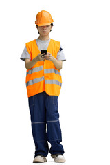 The guy is a builder, on a white background, full-length, with a roller and a phone