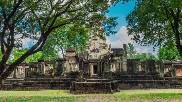 Timelapse of Phanom Wan Castle was built during the ancient times at the historical park on a beautiful clear sky day. Located in Nakhon Ratchasima Province, Thailand.