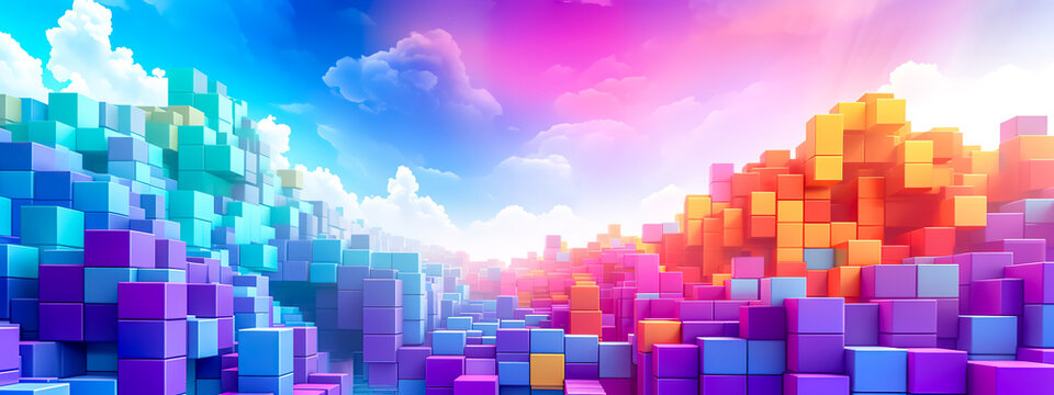 digital art piece resembling a landscape built from Tetris-like blocks in a gradient colors from cool blues to warm oranges and pinks, under a sky with fluffy clouds, background with space for text