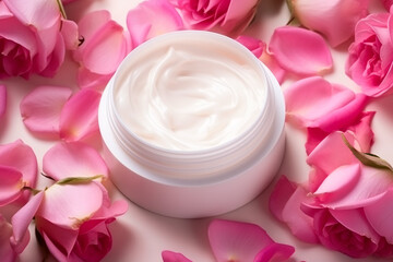 Fototapeta na wymiar Pot of face cream surrounded with pink rose flower petals